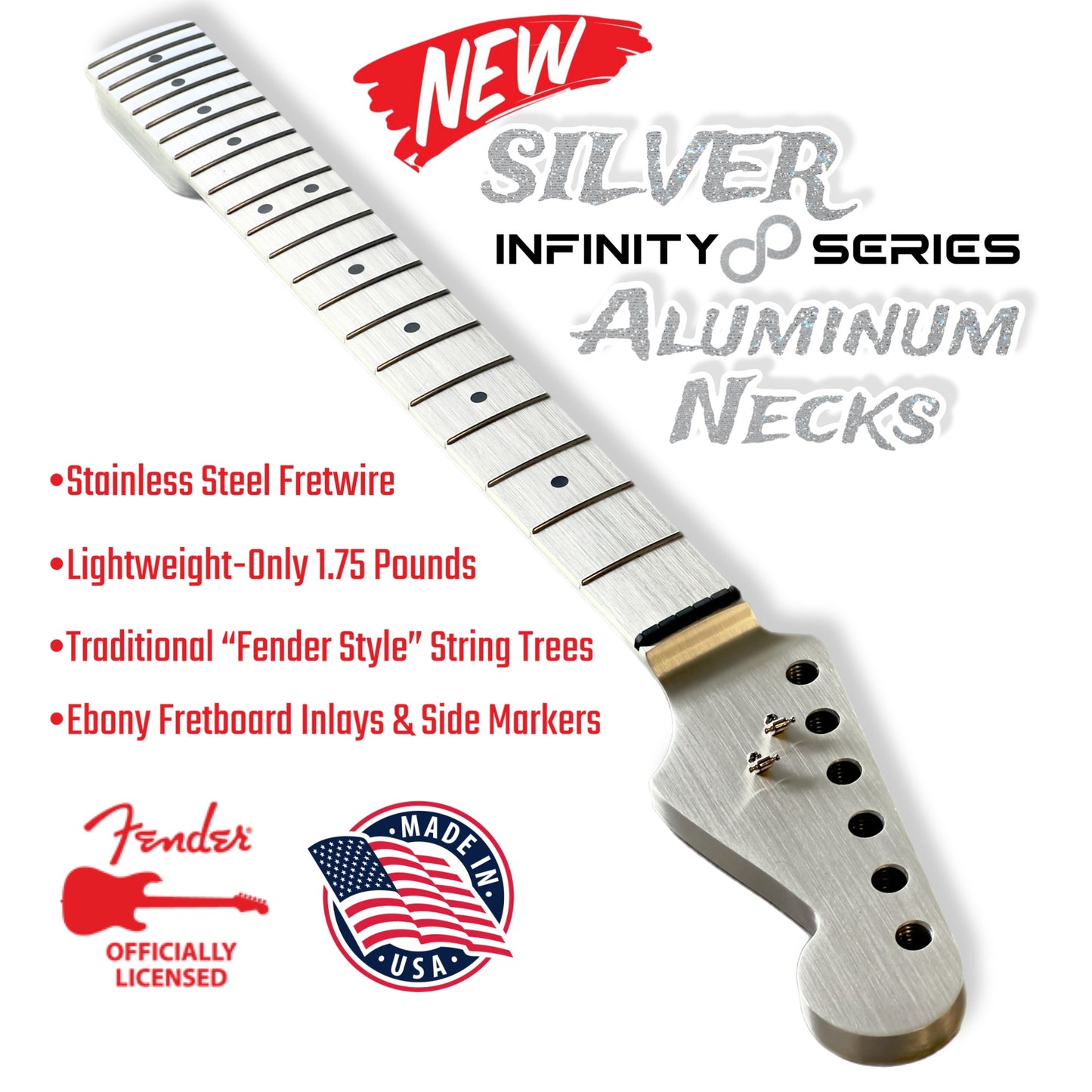 *NEW* Fender® Licensed Aluminum Guitar Neck Silver -Infinity ♾️ Series-