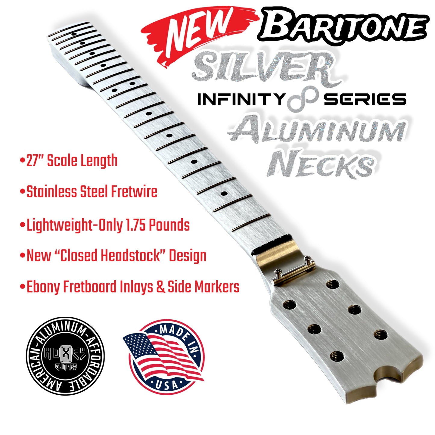 *NEW* Hoxey Peavey T60 Style Aluminum Baritone Neck Silver -Infinity ♾️ Series- Closed Headstock