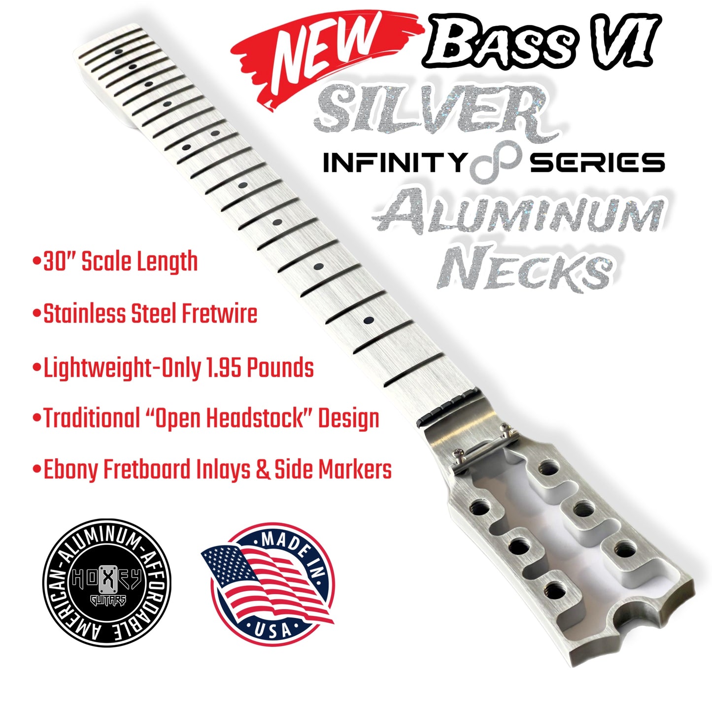 *NEW* Hoxey Fender Style Aluminum Bass VI Neck Silver -Infinity ♾️ Series- Open Headstock